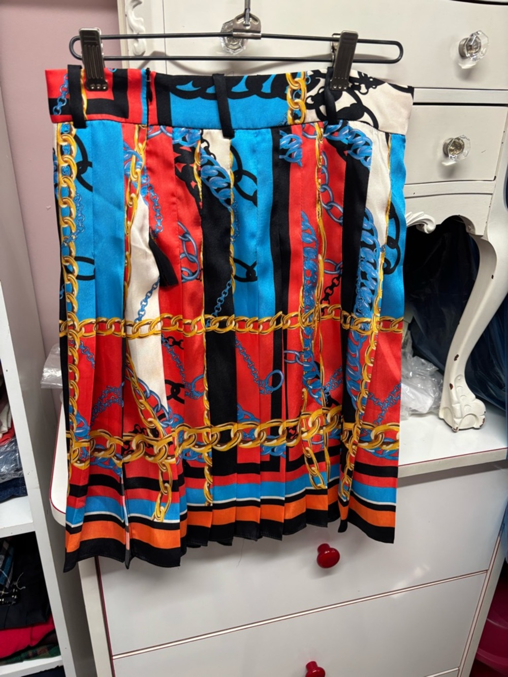 Zara Red Blue Black Cream Chain-Print Pleated Midi Skirt
